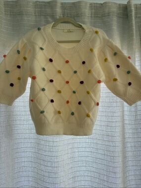entro Cream Crewneck Sweater with Multicolor Pom Poms